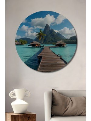 Teona Ahşap Tropik Cennet Bungalov Manzaralı Ahşap Dekoratif Tablo Yuvarlak Duvar Tablosu
