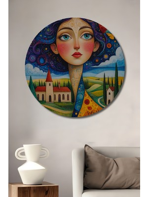 Teona Ahşap Büyülü Kadın Portresi Yağlı Boya Görünümlü Ahşap Dekoratif Tablo Yuvarlak Duvar Tablosu