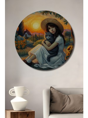 Teona Ahşap Van Gogh Tarzı Kedi ve Kız Ahşap Dekoratif Tablo Yuvarlak Duvar Tablosu