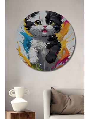 Teona Ahşap Kedi Sulu Boya Görünümlü Modern Sanat Ahşap Dekoratif Tablo Yuvarlak Duvar Tablosu