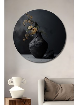 Teona Ahşap El Yapımı Dokulu Vazo ve Çiçekler Yağlı Boya Görünümlü Dekoratif Ahşap Tablo Yuvarlak Duvar Tablosu
