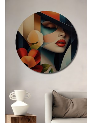 Teona Ahşap Kadın ve Çiçek Modern Soyut Sanat Yağlı Boya Görünümlü Ahşap Dekoratif Tablo Yuvarlak Duvar Tablosu