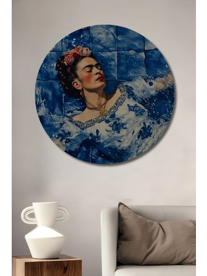 Teona Ahşap Frida Kahlo Sulu Boya Görünümlü Ahşap Dekoratif Tablo Yuvarlak Duvar Tablosu