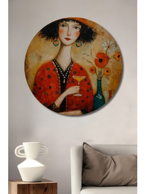 Teona Ahşap Kadın Figürlü Yağlı Boya Görünümlü Boho Sanat Ahşap Tablo Yuvarlak Duvar Tablosu