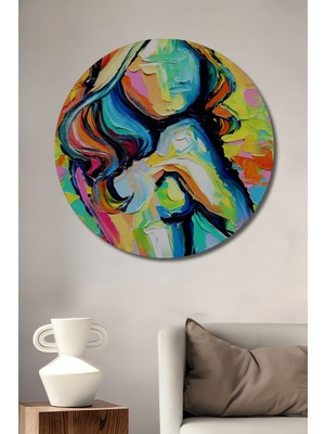 Teona Ahşap Soyut Kadın Portresi Yağlı Boya Görünümlü Dekoratif Ahşap Tablo Yuvarlak Duvar Tablosu