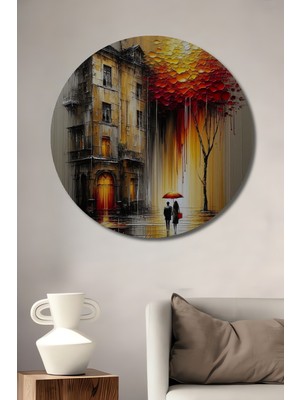 Teona Ahşap Yağlı Boya Görünümlü Romantik Çift Manzarası Ahşap Dekoratif Tablo Yuvarlak Duvar Tablosu