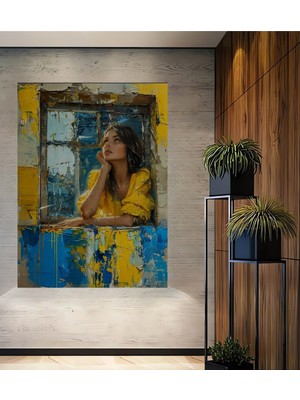 Teona Ahşap Pencereden Bakan Kadın Yağlı Boya Görünümlü Modern Sanat Ahşap Dekoratif Ev,antre,salon,ofis Tablo