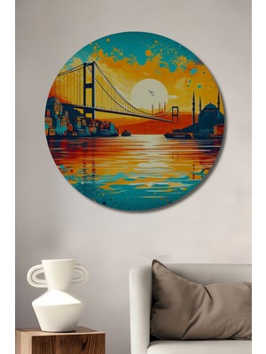 Teona Ahşap Istanbul Boğaz Köprüsü Sulu Boya Görünümlü Modern Sanat Dekoratif Ahşap Tablo Yuvarlak Duvar Tablosu