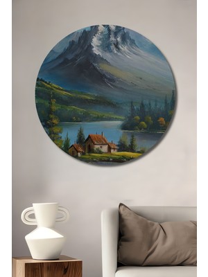 Teona Ahşap Muhteşem Karlı Dağ Manzaralı Köy Evi Yağlı Boya Görünümlü Ahşap Dekoratif Tablo Yuvarlak Duvar Tablosu
