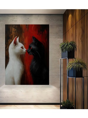Teona Ahşap Beyaz ve Siyah Kedi Aşkı Yağlı Boya Görünümlü Ahşap Ev,antre,salon,ofis,mutfak,yatak Odası Tablo