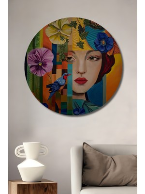 Teona Ahşap Gızemlı Kadın Kuş Çiçek Yağlı Boya Görünümlü Ahşap Dekoratif Tablo Yuvarlak Duvar Tablosu