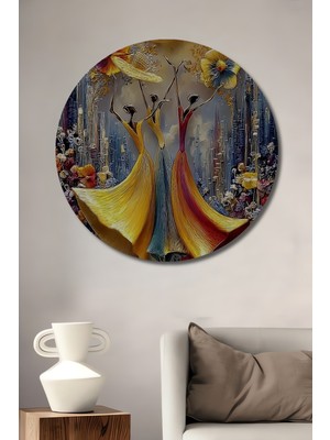 Teona Ahşap Kadınlar ve Şehir Manzarası Yağlı Boya Görünümlü Dekoratif Ahşap Tablo Yuvarlak Duvar Tablosu