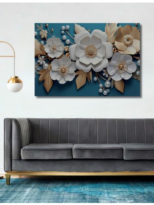 Teona Ahşap Zarif Beyaz ve Altın Çiçekler Ahşap Dekoratif Ev,antre,salon,ofis,mutfak,yatak Odası Tablo