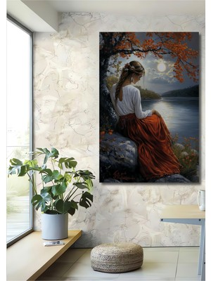 Teona Ahşap Elbise ve Göl Manzaralı Kadın Yağlı Boya Görünümlü Dekoratif Ahşap Ev,antre,salon,ofis,mutfak Tablo