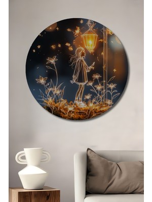 Teona Ahşap Işık Saçan Peri Masalı Çocuk ve Sokak Lambası Yağlı Boya Görünümlü Dekoratif Ahşap Tablo Yuvarlak Duvar Tablosu