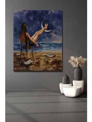 Teona Ahşap Sanatçı Kızın Ay Işığı Hayali Sulu Boya Görünümlü Ahşap Dekoratif Ev,antre,salon,ofis,mutfak Tablo