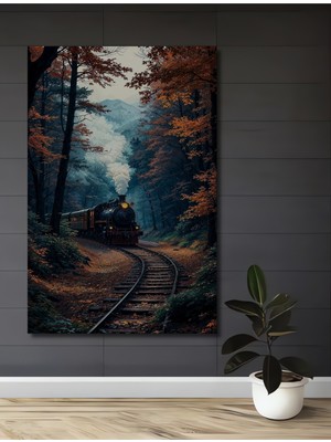 Teona Ahşap Sonbahar Ormanı Nostaljik Tren Yolculuğu Yağlı Boya Görünümlü Ahşap Dekoratif Ev,antre,salon Tablo