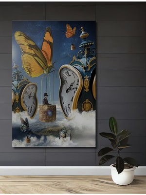 Teona Ahşap Sürrealist Kelebek ve Erimeyen Saatler Yağlı Boya Görünümlü Ahşap Dekoratif Ev,antre,salon Tablo