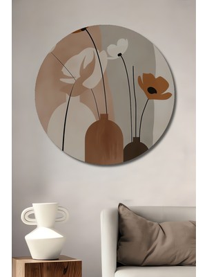 Teona Ahşap Modern Soyut Vazo Çiçek Yağlı Boya Görünümlü Dekoratif Ahşap Tablo Yuvarlak Duvar Tablosu