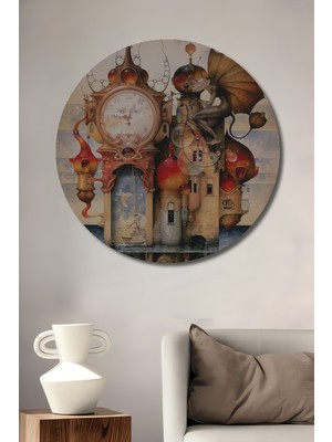 Teona Ahşap Büyülü Saat Kulesi ve Deniz Canlıları Yağlı Boya Görünümlü Dekoratif Ahşap Tablo Yuvarlak Duvar Tablosu