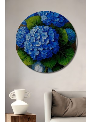 Teona Ahşap Mavi Orkide Buketi Yağlı Boya Görünümlü Ahşap Dekoratif Tablo Yuvarlak Duvar Tablosu