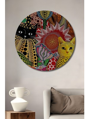 Teona Ahşap Yayoi Kusama Tarzı Renkli Kediler ve Gözler Ahşap Dekoratif Tablo Yuvarlak Duvar Tablosu
