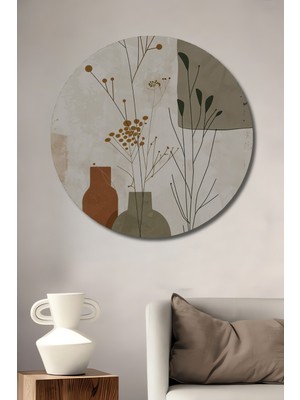 Teona Ahşap Minimalist Kuru Çiçek Vazo Yağlı Boya Görünümlü Ahşap Dekoratif Tablo Yuvarlak Duvar Tablosu