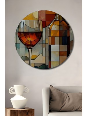 Teona Ahşap Kadeh ve Şarap Şişesi Modern Sanat Görünümlü Ahşap Dekoratif Tablo Yuvarlak Duvar Tablosu