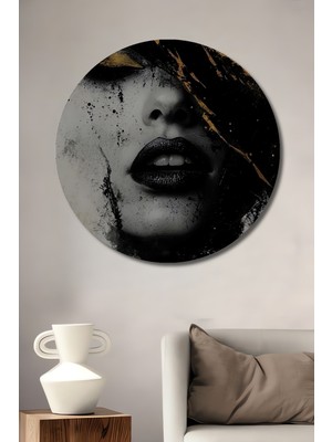 Teona Ahşap Altın Vurgulu Siyah Kadın Portresi Yağlı Boya Görünümlü Ahşap Dekoratif Tablo Yuvarlak Duvar Tablosu