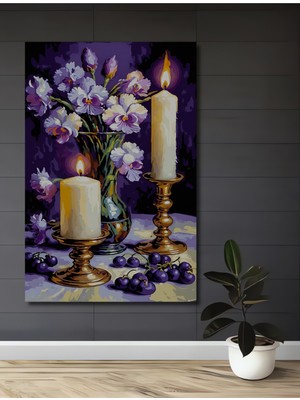 Teona Ahşap Mor Orkide ve Mum Işıltısı Yağlı Boya Görünümlü Ahşap Dekoratif Ev,antre,salon,ofis,mutfak Tablo