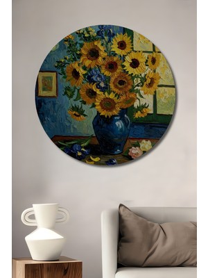 Teona Ahşap Ayçiçekleri Vazosu Yağlı Boya Görünümlü Ahşap Dekoratif Tablo Yuvarlak Duvar Tablosu
