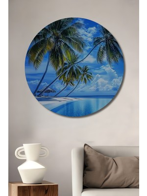 Teona Ahşap Tropik Cennet Sahil Manzarası Yağlı Boya Görünümlü Ahşap Dekoratif Tablo Yuvarlak Duvar Tablosu