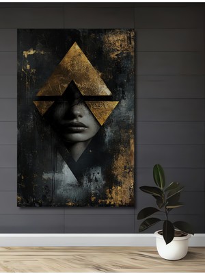 Teona Ahşap Gızemlı Altın Geometri Kadın Portresi Yağlı Boya Görünümlü Ahşap Dekoratif Ev,antre,salon Tablo