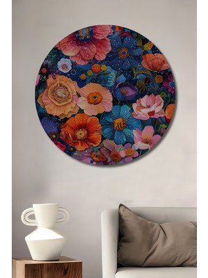 Teona Ahşap Renkli Çiçek Bahçesi Yağlı Boya Görünümlü Ahşap Dekoratif Tablo Yuvarlak Duvar Tablosu