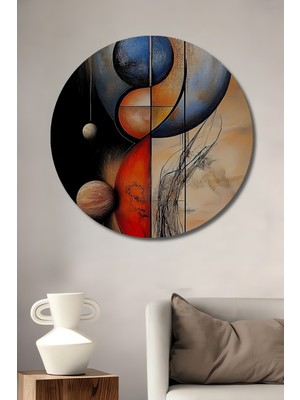 Teona Ahşap Soyut Gezegenler Yağlı Boya Görünümlü Dekoratif Ahşap Tablo Yuvarlak Duvar Tablosu