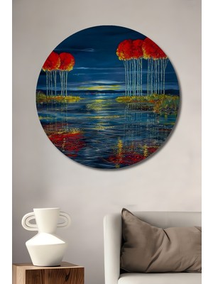 Teona Ahşap Kızıl Ağaçlar Suluboya Görünümlü Ahşap Dekoratif Tablo Yuvarlak Duvar Tablosu