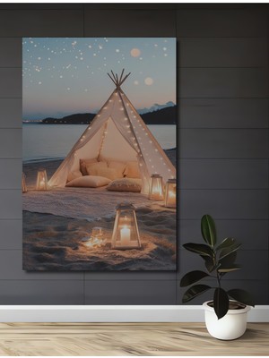 Teona Ahşap Bohem Sahil Çadır Işıltısı Yağlı Boya Görünümlü Ahşap Dekoratif Ev,antre,salon,ofis,mutfak Tablo