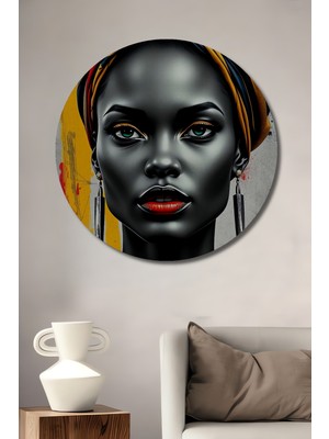 Teona Ahşap Afro Esintili Yağlı Boya Görünümlü Kadın Portresi Ahşap Dekoratif Tablo Yuvarlak Duvar Tablosu