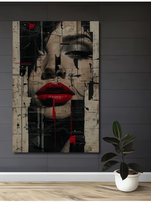 Teona Ahşap Kırmızı Dudaklar Grunge Sanat Görünümlü Ahşap Dekoratif Ev,antre,salon,ofis,mutfak,yatak Odası Tablo
