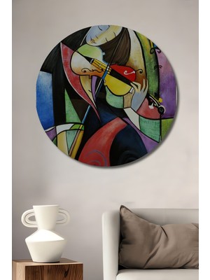 Teona Ahşap Keman Çalan Kadın Soyut Sanat Yağlı Boya Görünümlü Ahşap Dekoratif Tablo Yuvarlak Duvar Tablosu