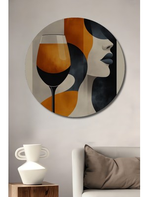 Teona Ahşap Şık Kadın ve Şarap Kadehi Yağlı Boya Görünümlü Ahşap Dekoratif Tablo Yuvarlak Duvar Tablosu