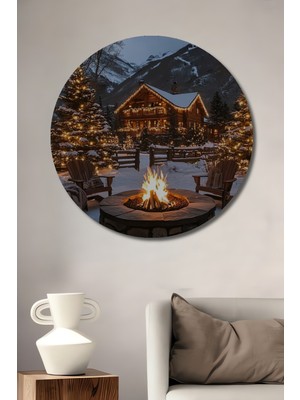 Teona Ahşap Kış Masalı Muhteşem Kütük Ev ve Şömine Ahşap Dekoratif Tablo Yuvarlak Duvar Tablosu