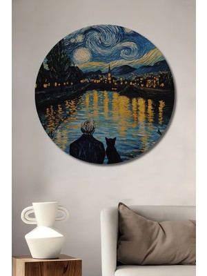 Teona Ahşap Yıldızlı Gece Görünümlü Insan ve Kedi Temalı Ahşap Dekoratif Tablo Yuvarlak Duvar Tablosu