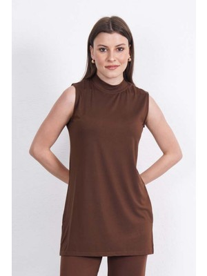 Viskon Kolsuz Tunik-Kahverengi