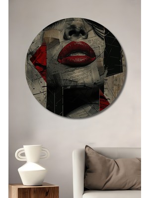 Teona Ahşap Kırmızı Dudaklar Soyut Sanat Ahşap Dekoratif Tablo Yuvarlak Duvar Tablosu