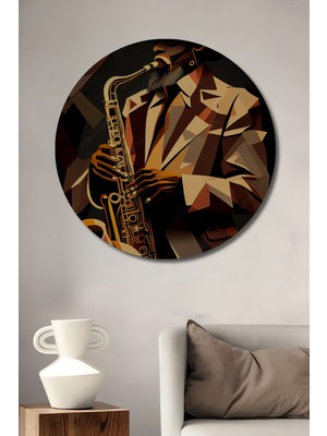 Teona Ahşap Caz Müziği Saksofon Çalan Adam Yağlı Boya Görünümlü Dekoratif Ahşap Tablo Yuvarlak Duvar Tablosu