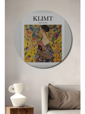 Teona Ahşap Klimt Kadın Yelpazesiyle Yağlı Boya Görünümlü Ahşap Dekoratif Tablo Yuvarlak Duvar Tablosu