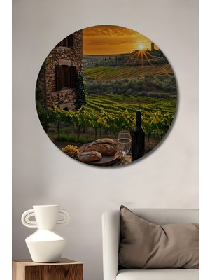 Teona Ahşap Toscana Gün Batımı Üzüm Bağı Yemek Masası Yağlı Boya Görünümlü Ahşap Dekoratif Tablo Yuvarlak Duvar Tablosu
