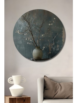 Teona Ahşap Minimalist Vazo Çiçekleri Yağlı Boya Görünümlü Ahşap Dekoratif Tablo Yuvarlak Duvar Tablosu