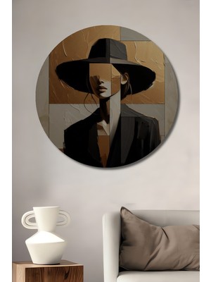 Teona Ahşap Gızemlı Kadın Portresi Yağlı Boya Görünümlü Modern Sanat Ahşap Dekoratif Tablo Yuvarlak Duvar Tablosu
